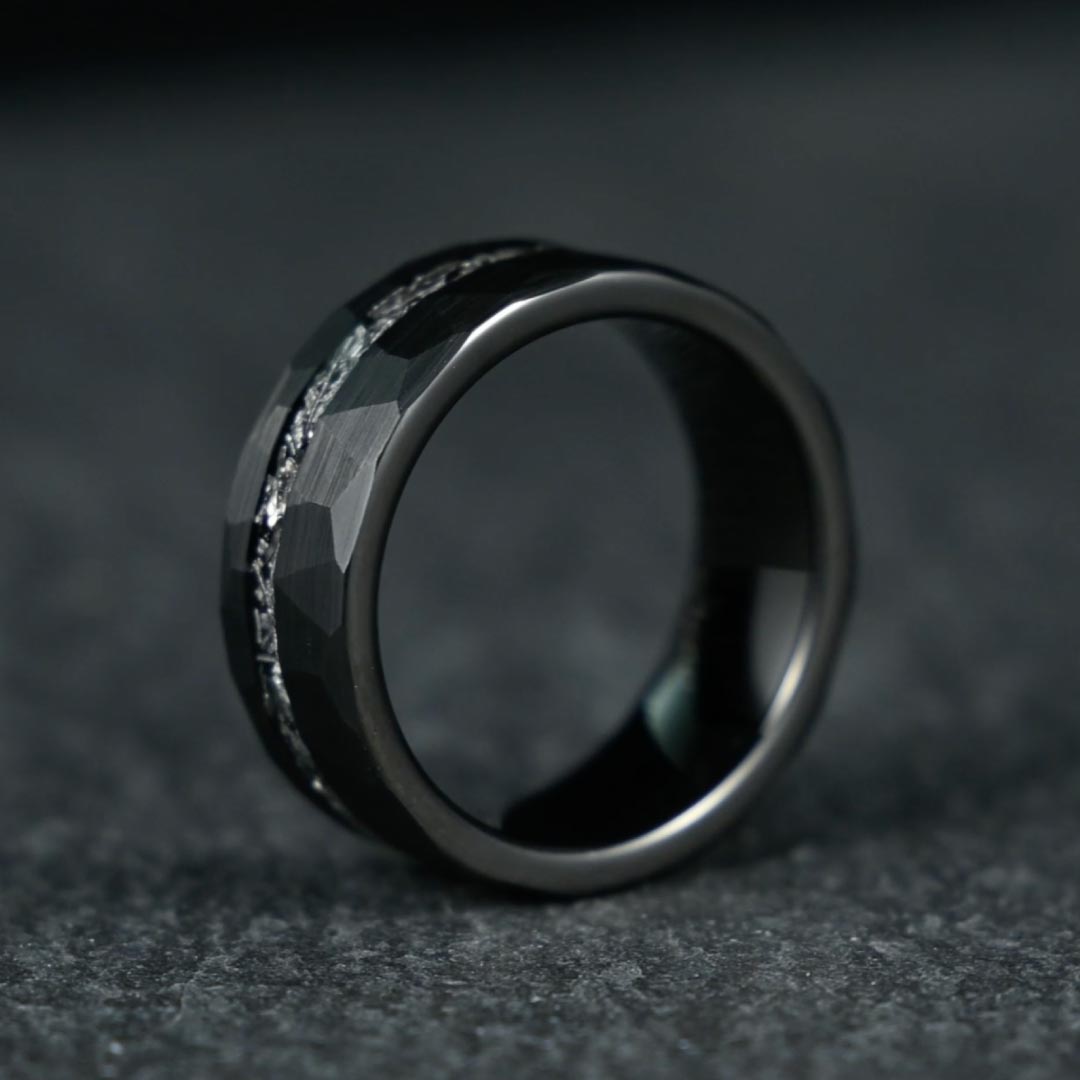 Men’s Tungsten Wedding Ring - Black Hammered & Brushed With Crushed Meteorite Inlay - 8mm