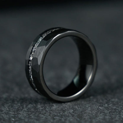 The Nebula – Black Hammered Tungsten Ring With Crushed Meteorite Inlay (8mm)