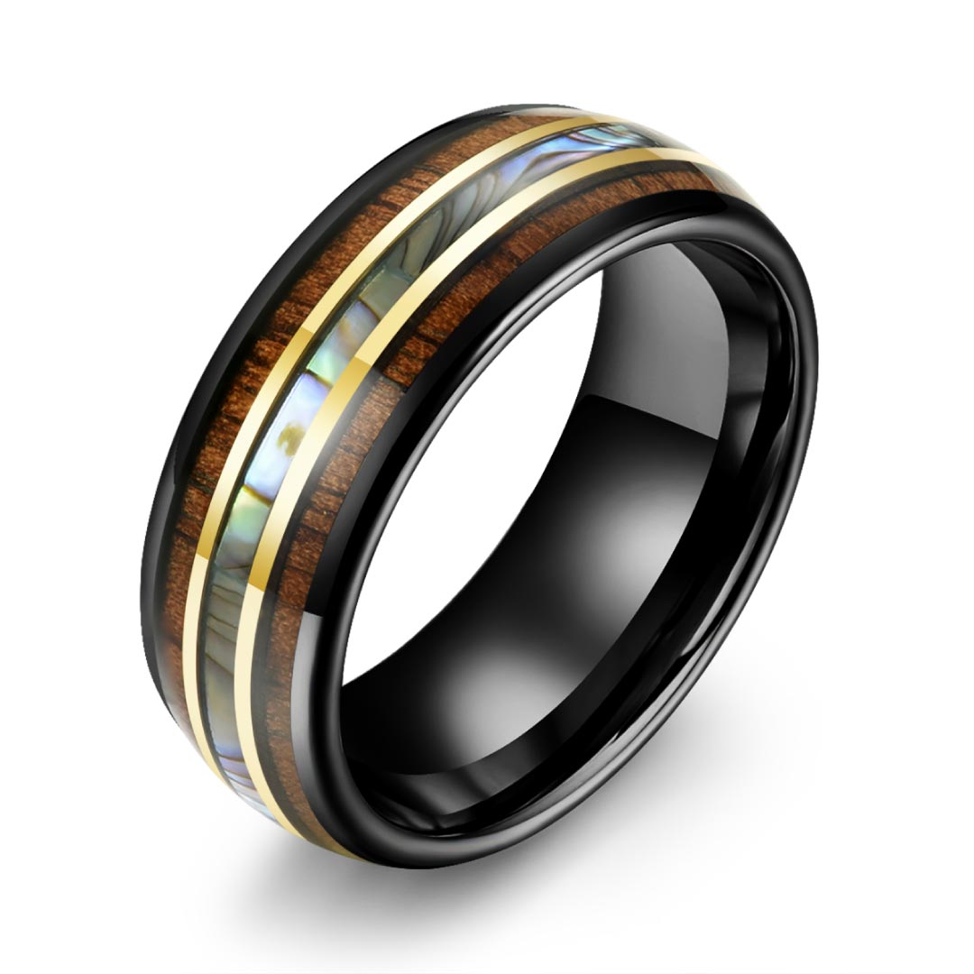 Men’s Tungsten Wedding Ring - Smooth Black & Gold With Abalone Shell & Wood Inlay - 8mm