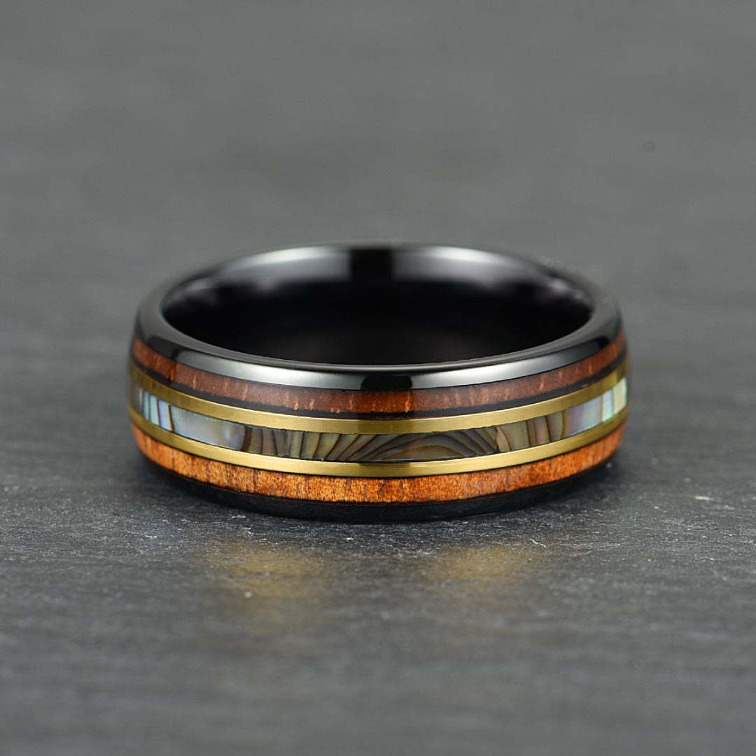 Men’s Tungsten Wedding Ring - Smooth Black & Gold With Abalone Shell & Wood Inlay - 8mm