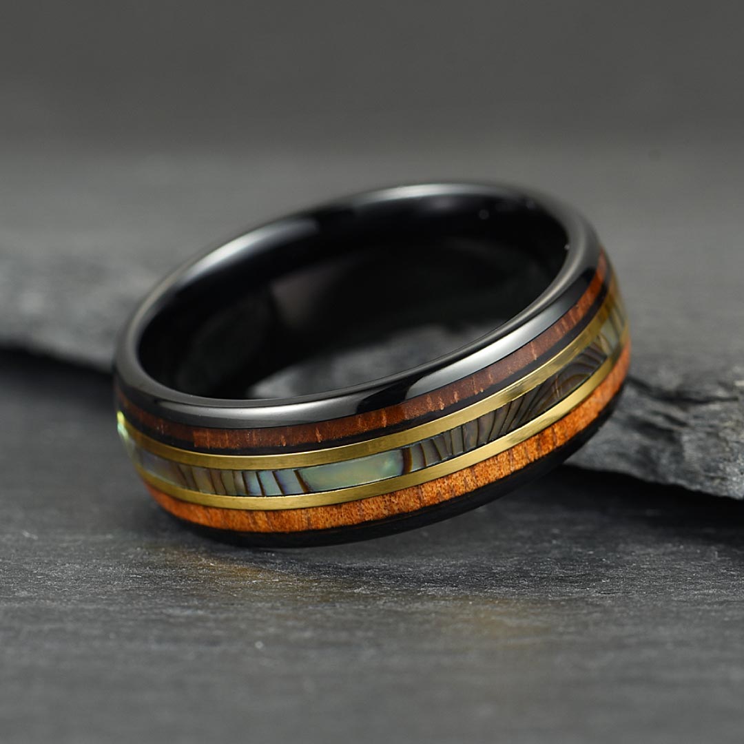 Men’s Tungsten Wedding Ring - Smooth Black & Gold With Abalone Shell & Wood Inlay - 8mm