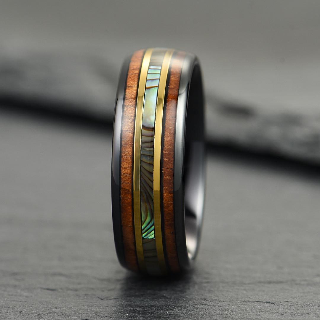 Men’s Tungsten Wedding Ring - Smooth Black & Gold With Abalone Shell & Wood Inlay - 8mm