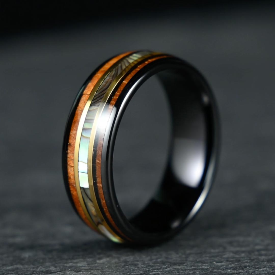 Men’s Tungsten Wedding Ring - Smooth Black & Gold With Abalone Shell & Wood Inlay - 8mm