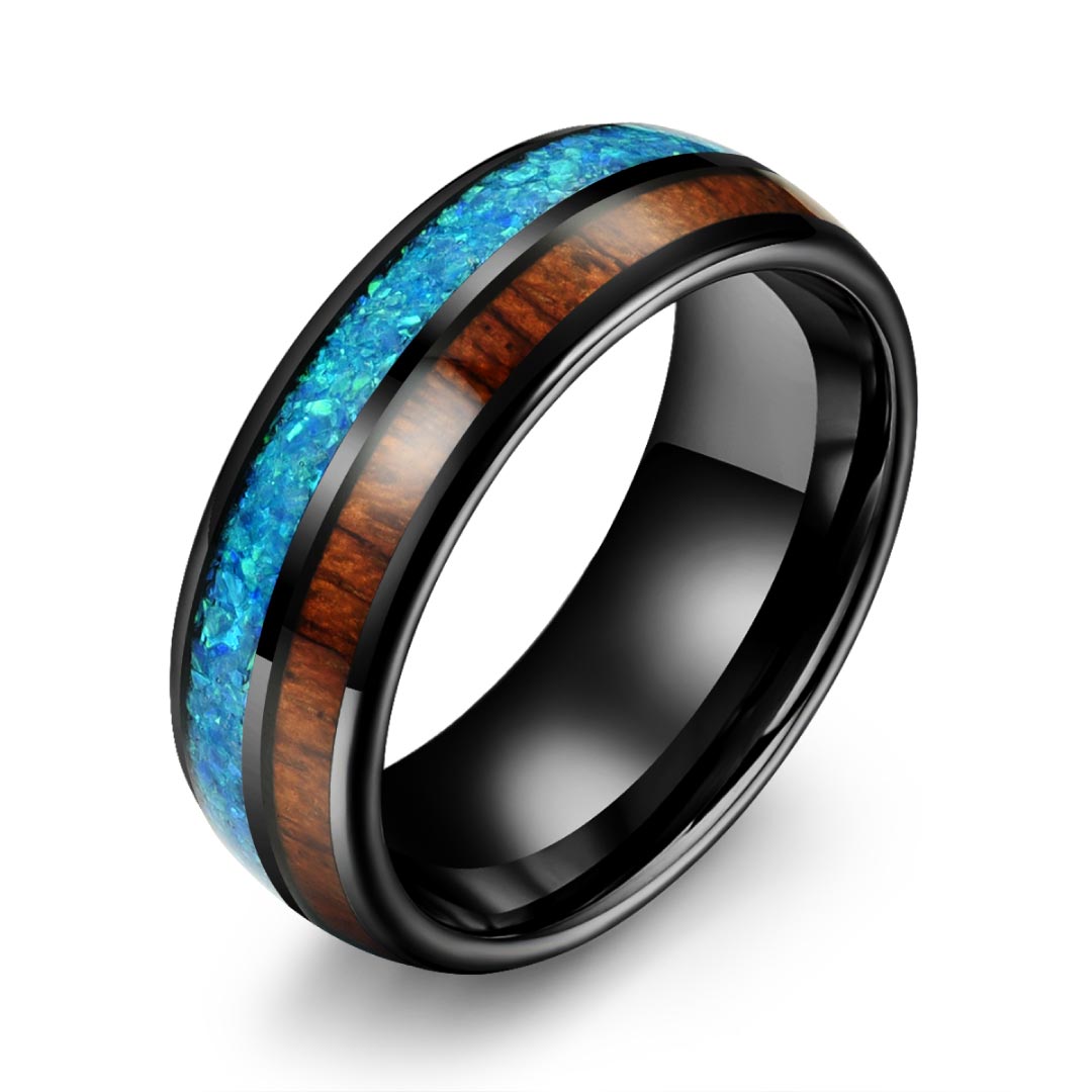 Men’s Tungsten Wedding Ring - Smooth Black With KOA Wood & Crushed Opal Inlay - 8mm