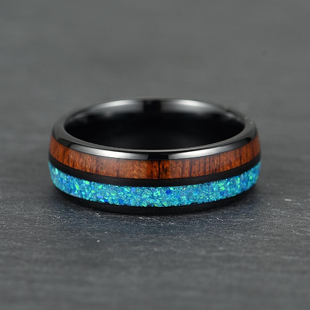 Men’s Tungsten Wedding Ring - Smooth Black With KOA Wood & Crushed Opal Inlay - 8mm