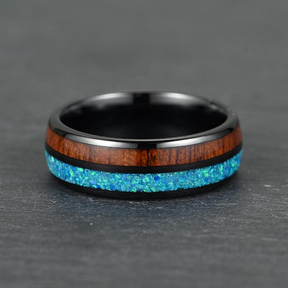 The Cove – Black Tungsten Ring With KOA Wood & Crushed Opal (8mm)