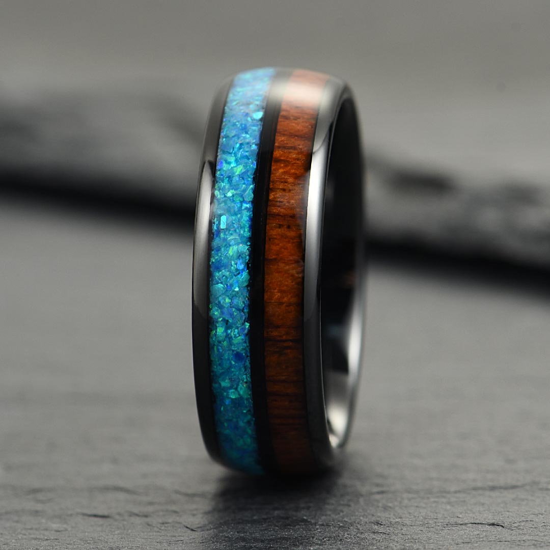 Men’s Tungsten Wedding Ring - Smooth Black With KOA Wood & Crushed Opal Inlay - 8mm