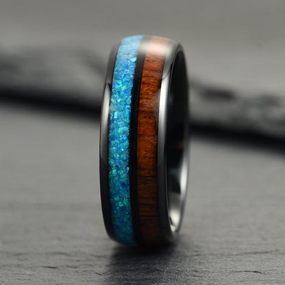 The Cove – Black Tungsten Ring With KOA Wood & Crushed Opal (8mm)