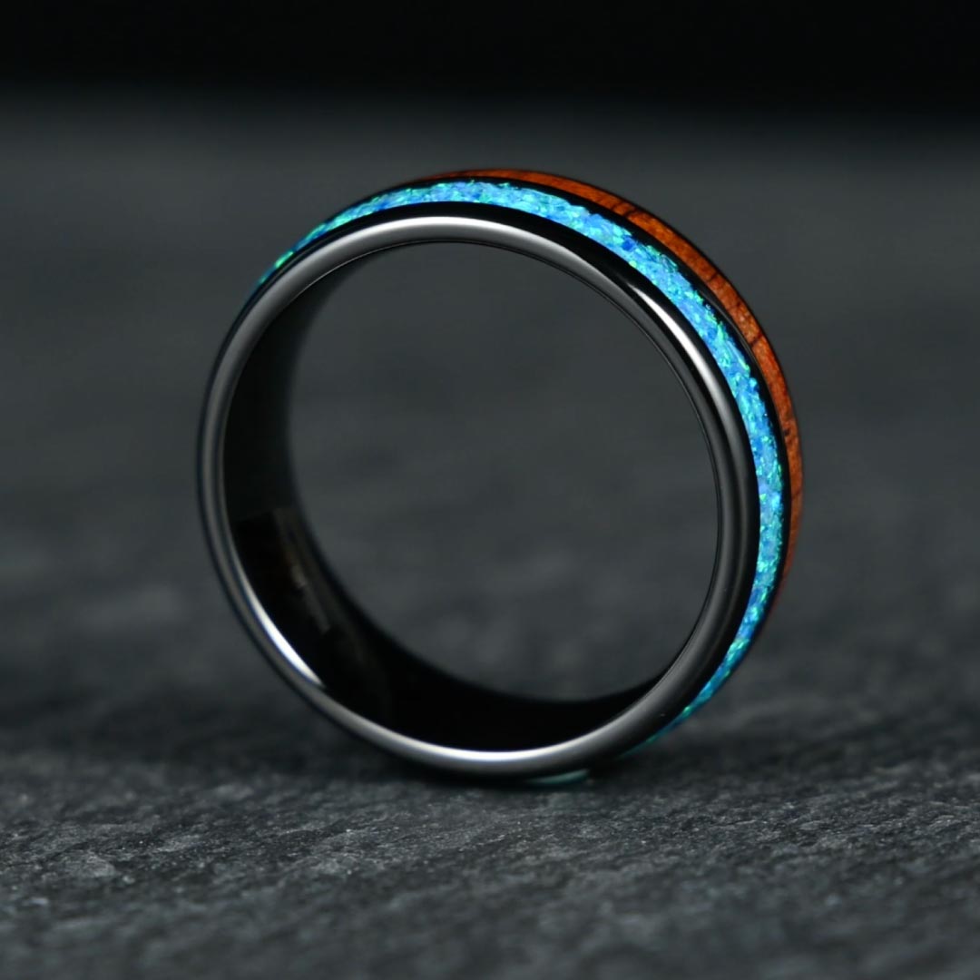 Men’s Tungsten Wedding Ring - Smooth Black With KOA Wood & Crushed Opal Inlay - 8mm