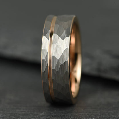 The Accord – Silver Tungsten Ring With Hammered Silver Finish & Rose Gold (6mm, 8mm)
