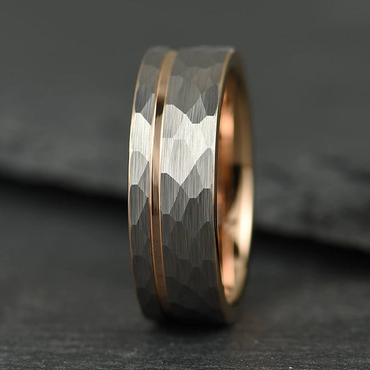The Accord – Silver Tungsten Ring With Hammered Silver Finish & Rose Gold (6mm, 8mm)