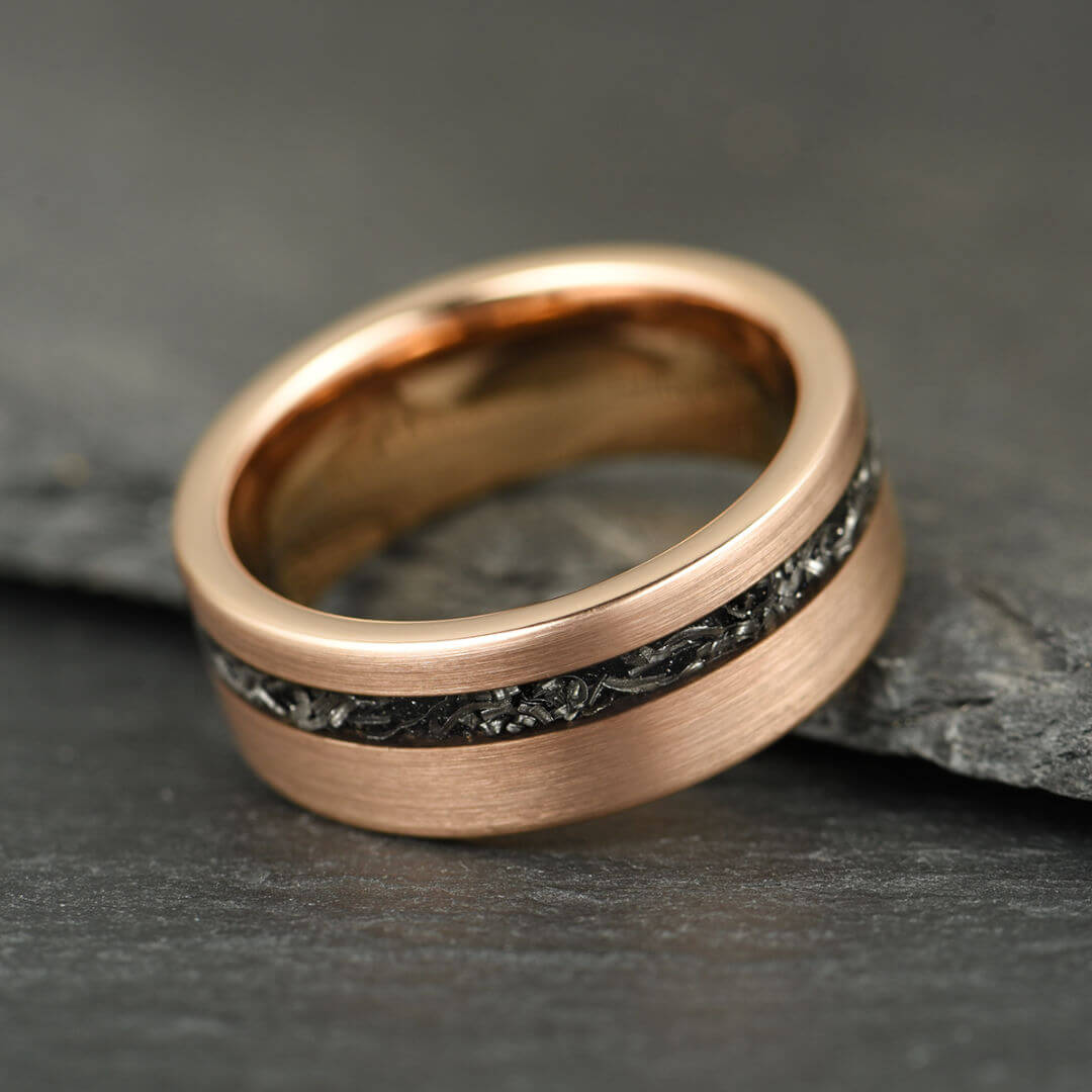 The Eclipse – Rose Gold Smooth Tungsten Ring With Crushed Meteorite Inlay