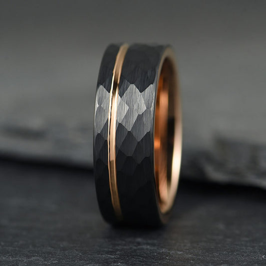 The Mantle – Black Tungsten Ring With Hammered Black Finish & Rose Gold (8mm)