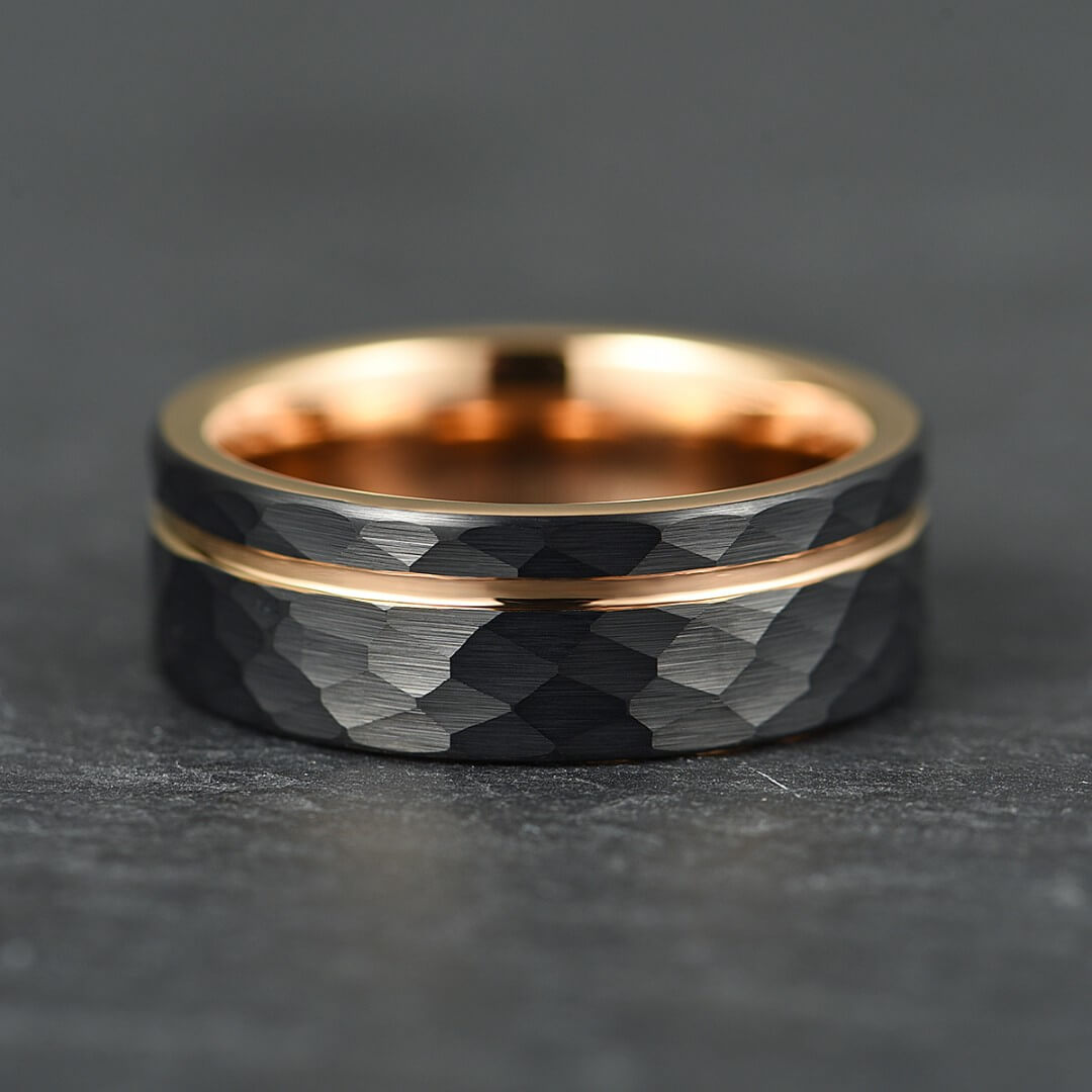 The Mantle – Black Tungsten Ring With Hammered Black Finish & Rose Gold (8mm)