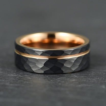 The Mantle – Black Tungsten Ring With Hammered Black Finish & Rose Gold (8mm)