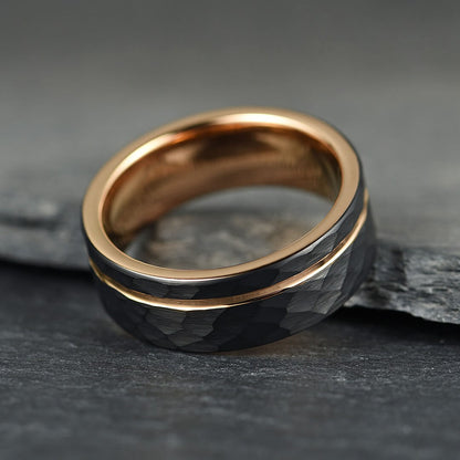 The Mantle – Black Tungsten Ring With Hammered Black Finish & Rose Gold (8mm)