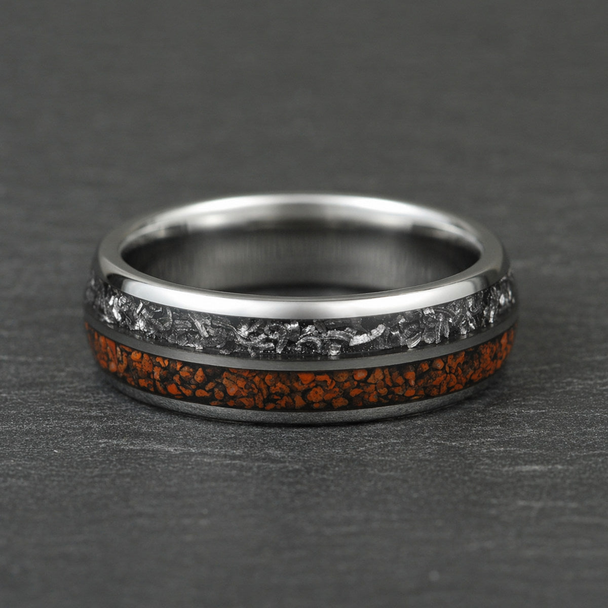 The Relic - Silver Tungsten Ring With Crushed Meteorite & Dinosaur Bone (6mm, 8mm)