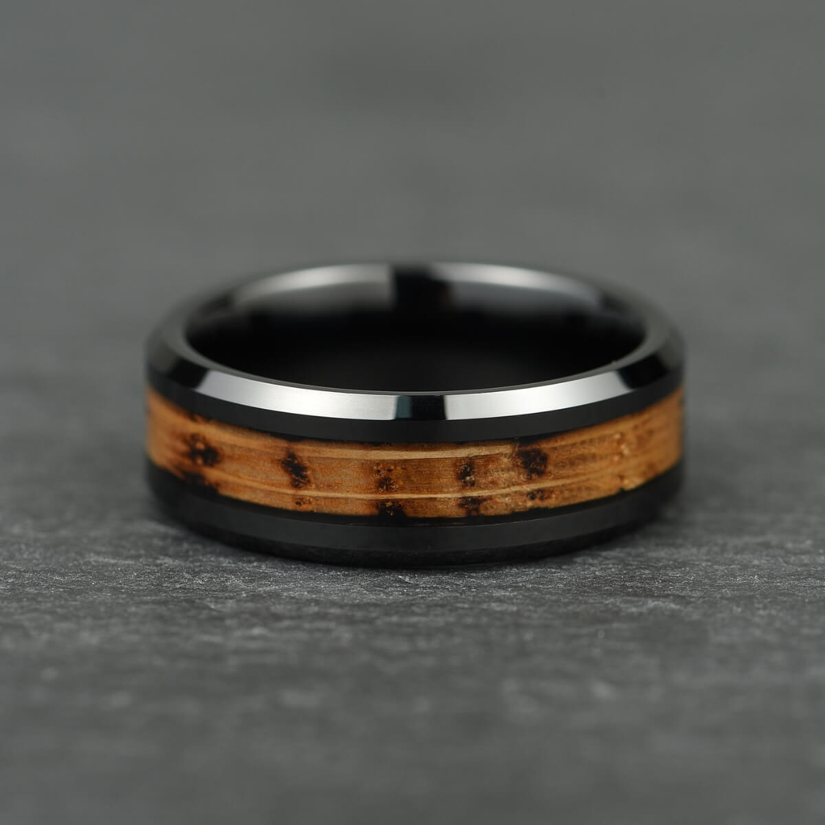 The Reserve – Black Tungsten Ring with Burnt Whisky Barrel (6mm, 8mm)