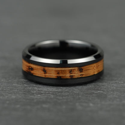 The Reserve – Black Tungsten Ring with Burnt Whisky Barrel (6mm, 8mm)