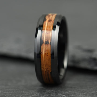 The Reserve – Black Tungsten Ring with Burnt Whisky Barrel (6mm, 8mm)