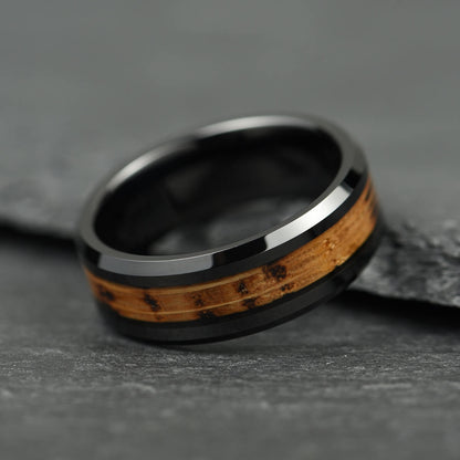 The Reserve – Black Tungsten Ring with Burnt Whisky Barrel (6mm, 8mm)
