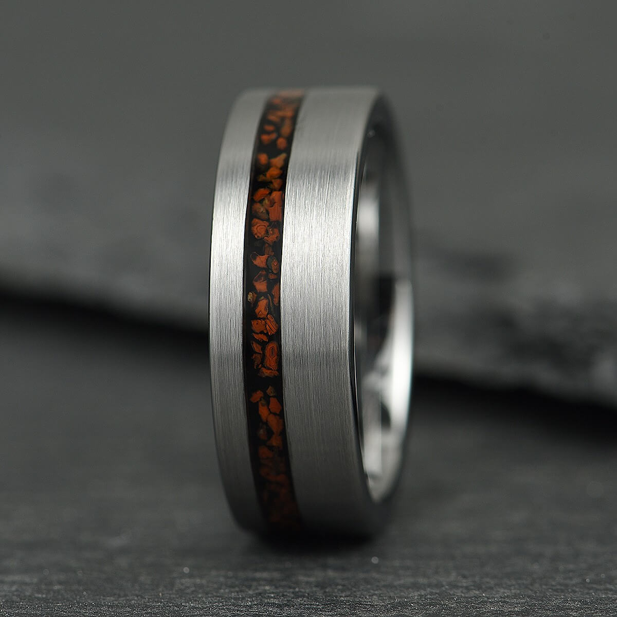 The Terra – Silver Smooth Tungsten Ring With Crushed Dinosaur Bone (6mm, 8mm)