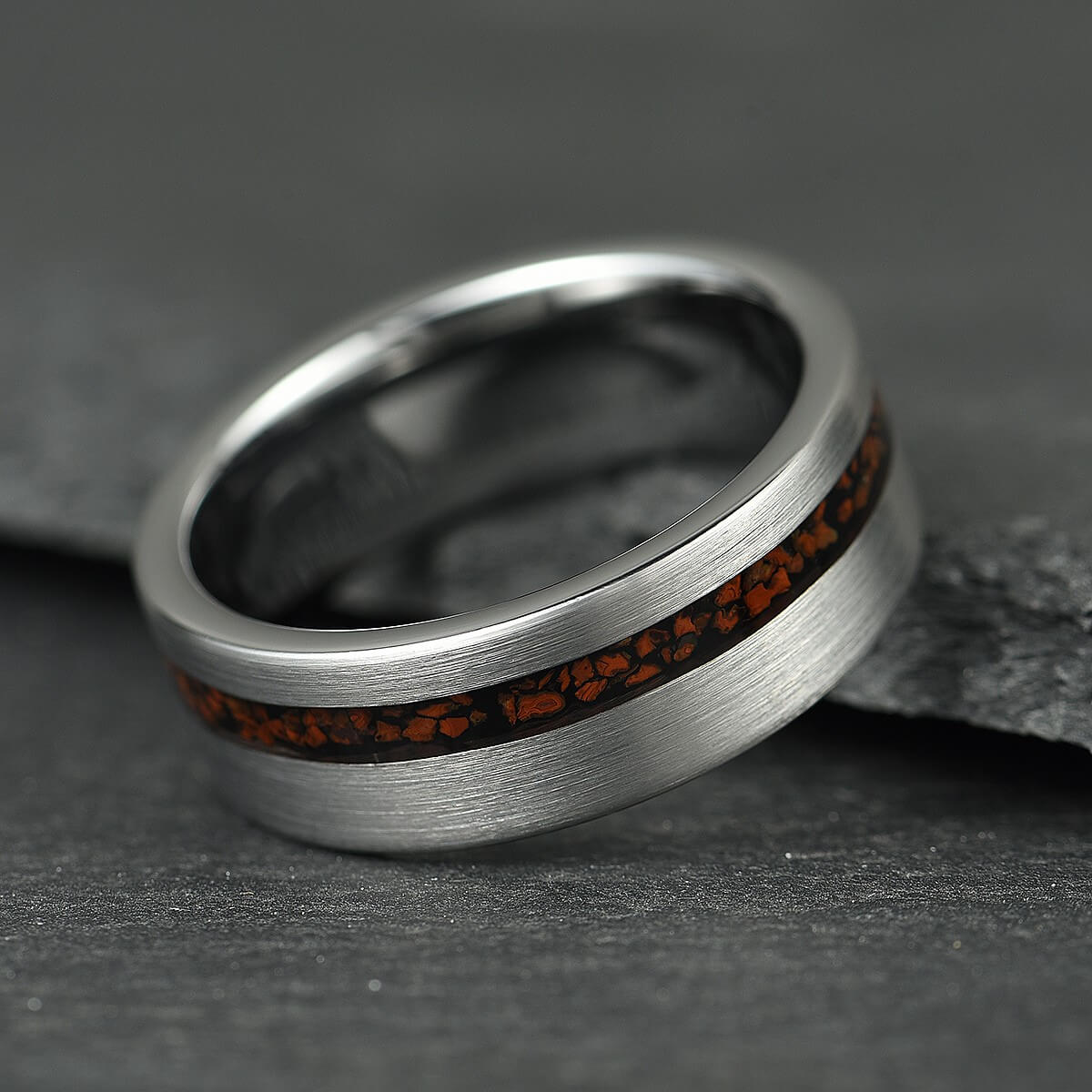 The Terra – Silver Smooth Tungsten Ring With Crushed Dinosaur Bone (6mm, 8mm)