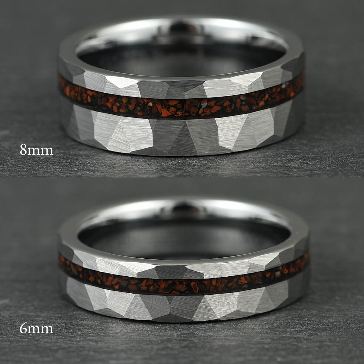 The Tyra – Silver Hammered Tungsten Ring With Crushed Dinosaur Bone (6mm, 8mm)