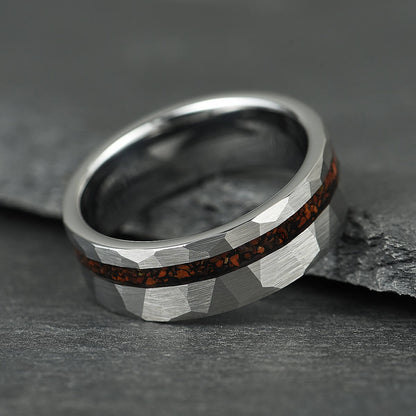 The Tyra – Silver Hammered Tungsten Ring With Crushed Dinosaur Bone (6mm, 8mm)