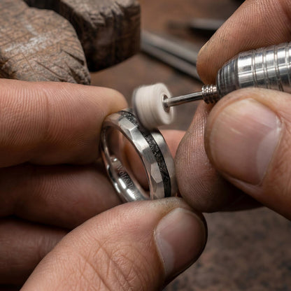 The Astra – Silver Hammered Titanium Ring With Crushed Meteorite (6mm, 8mm)