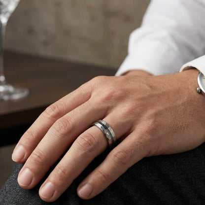 The Astra – Silver Hammered Titanium Ring With Crushed Meteorite (6mm, 8mm)