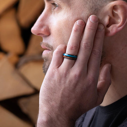 The Cove – Black Tungsten Ring With KOA Wood & Crushed Opal (8mm)