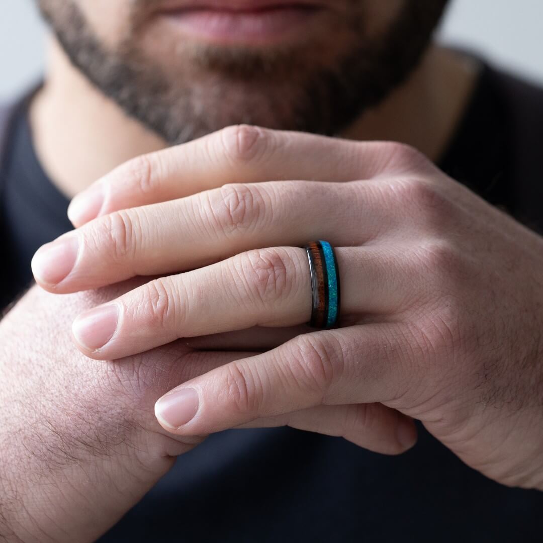 The Cove – Black Tungsten Ring With KOA Wood & Crushed Opal (8mm)