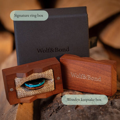 The Cove – Black Tungsten Ring With KOA Wood & Crushed Opal (8mm)