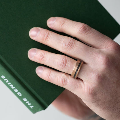 The Eclipse – Rose Gold Smooth Tungsten Ring With Crushed Meteorite Inlay (8mm)