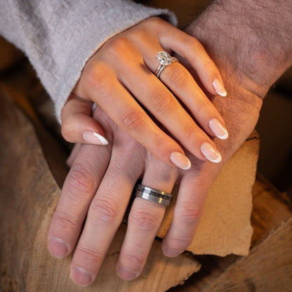 The Eclipse – Silver Smooth Tungsten Ring With Crushed Meteorite Inlay (8mm)