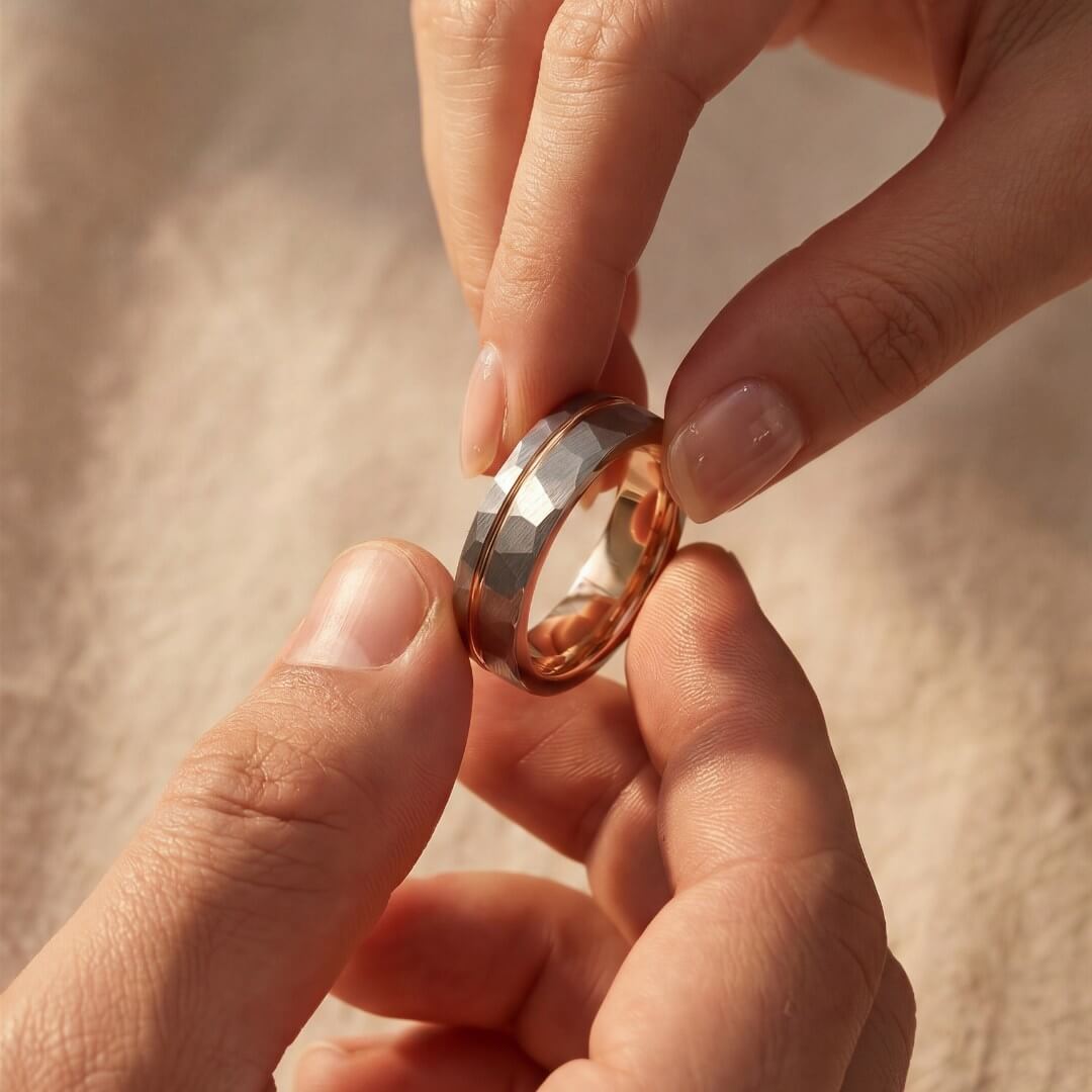 The Ember – Silver Tungsten Ring With Hammered Silver Finish & Rose Gold (6mm, 8mm)