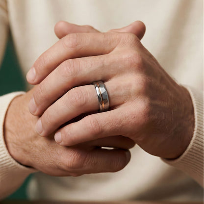The Ember – Silver Tungsten Ring With Hammered Silver Finish & Rose Gold (6mm, 8mm)