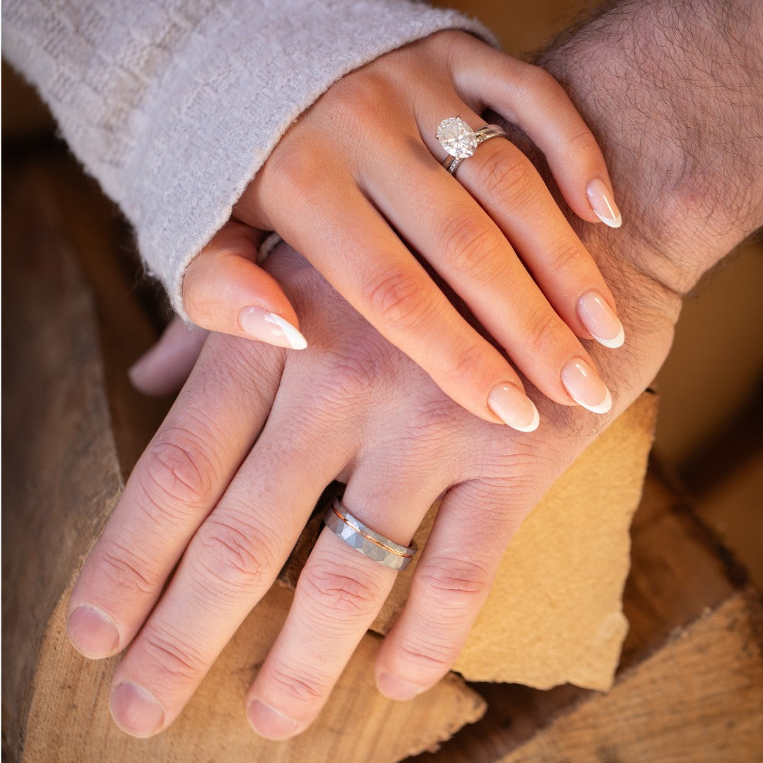 The Ember – Silver Tungsten Ring With Hammered Silver Finish & Rose Gold (6mm, 8mm)