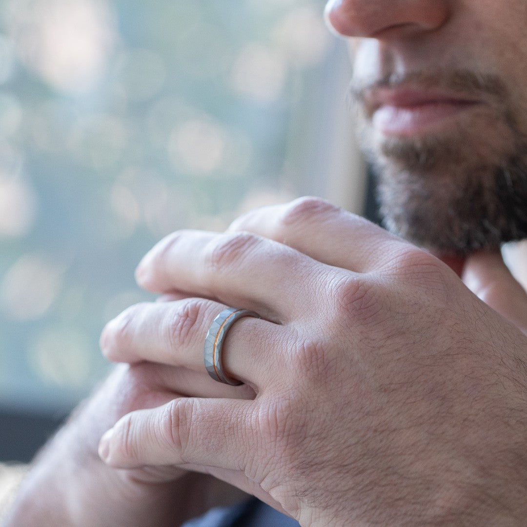The Ember – Silver Tungsten Ring With Hammered Silver Finish & Rose Gold (6mm, 8mm)