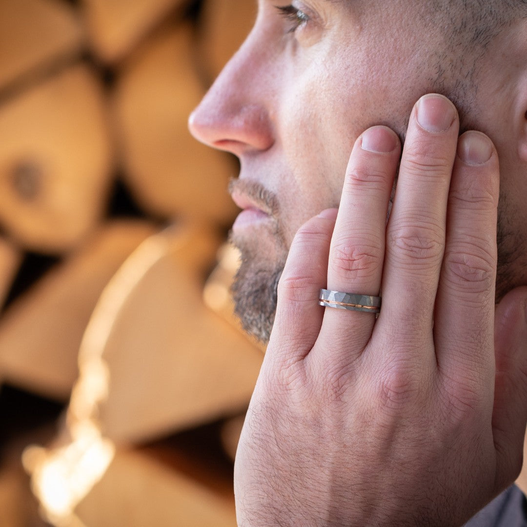 The Ember – Silver Tungsten Ring With Hammered Silver Finish & Rose Gold (6mm, 8mm)