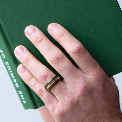 The Horizon – Black & Gold Tungsten Ring With Abalone Shell & Wood (8mm)