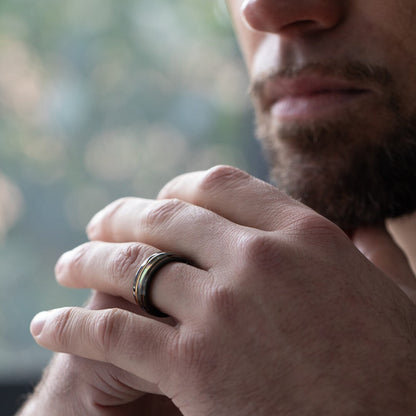 The Horizon – Black & Gold Tungsten Ring With Abalone Shell & Wood (8mm)