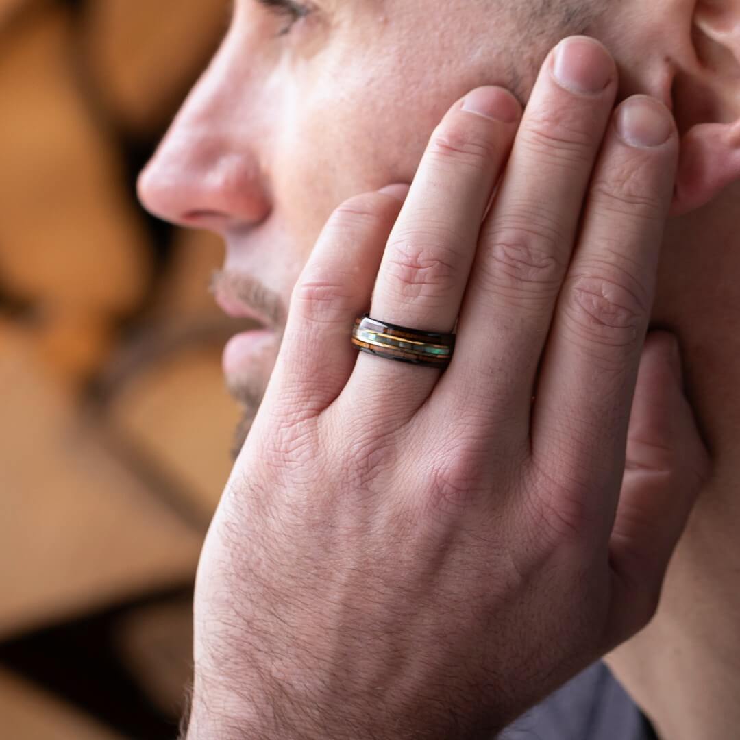 The Horizon – Black & Gold Tungsten Ring With Abalone Shell & Wood (8mm)