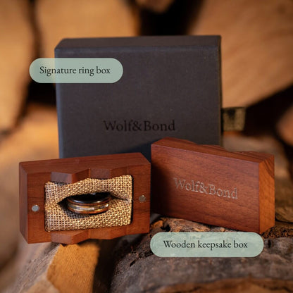 The Horizon – Black & Gold Tungsten Ring With Abalone Shell & Wood (8mm)