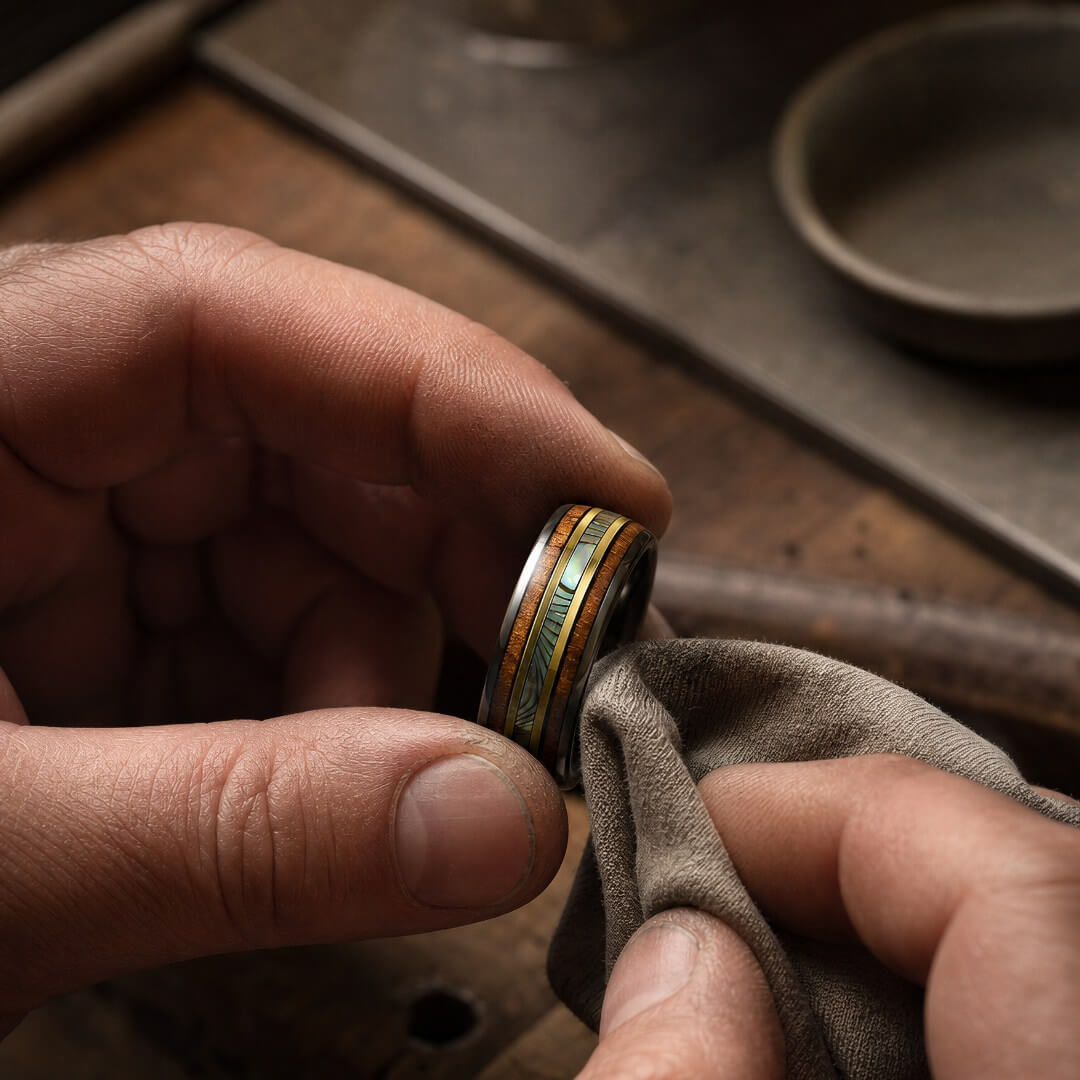 The Horizon – Black & Gold Tungsten Ring With Abalone Shell & Wood