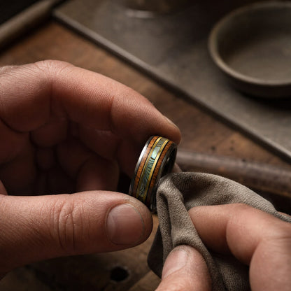 The Horizon – Black & Gold Tungsten Ring With Abalone Shell & Wood (6mm, 8mm)