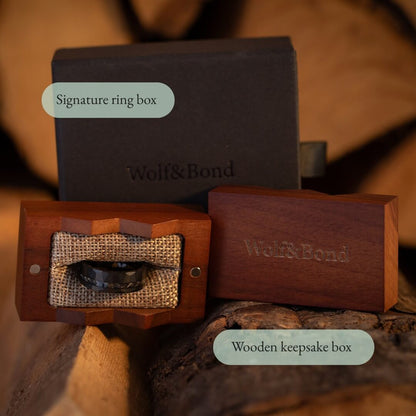 The Nebula – Black Hammered Tungsten Ring With Crushed Meteorite Inlay (8mm)