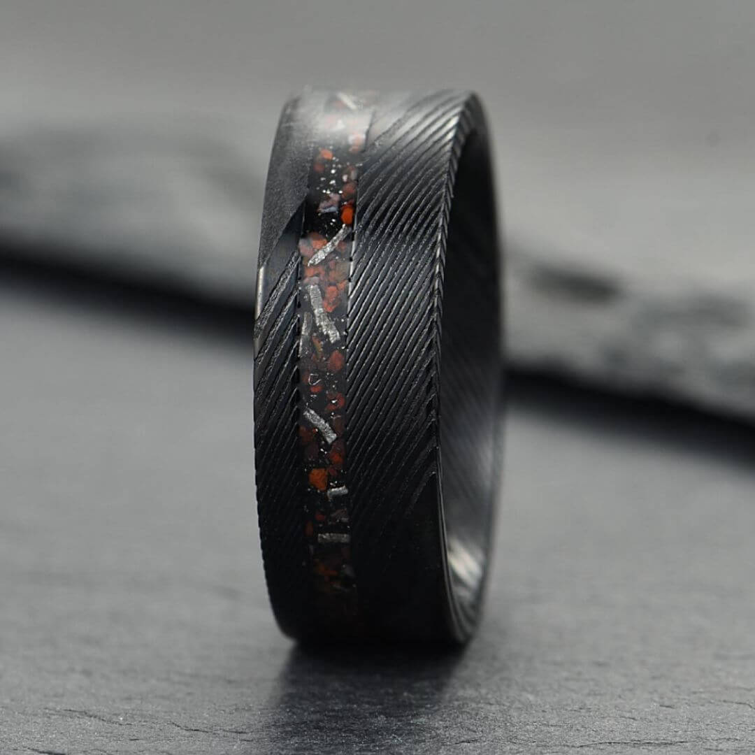 The Origin - Black Damascus Steel Ring With Crushed Meteorite & Dinosaur Bone (8mm)