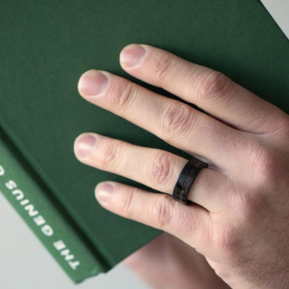 The Origin - Black Damascus Steel Ring With Crushed Meteorite & Dinosaur Bone (8mm)